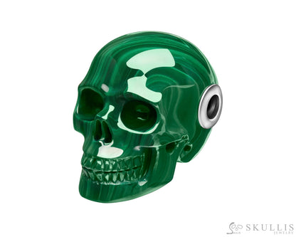 Gem Skull Pendant Necklace Of Malachite Carved Skull In 925 Sterling Silver