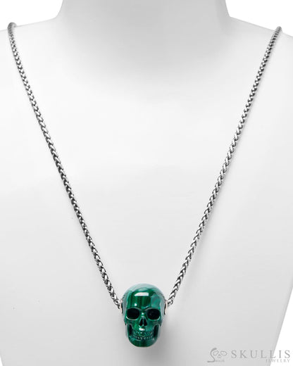 Gem Skull Pendant Necklace Of Malachite Carved Skull In 925 Sterling Silver