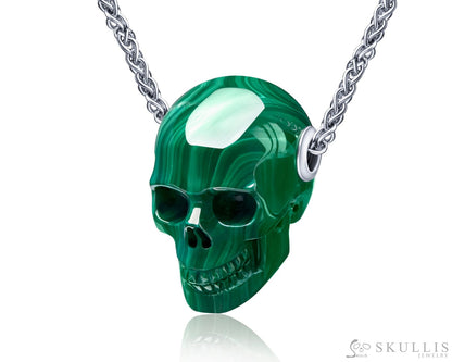 Gem Skull Pendant Necklace Of Malachite Carved Skull In 925 Sterling Silver Pendant Without Chain