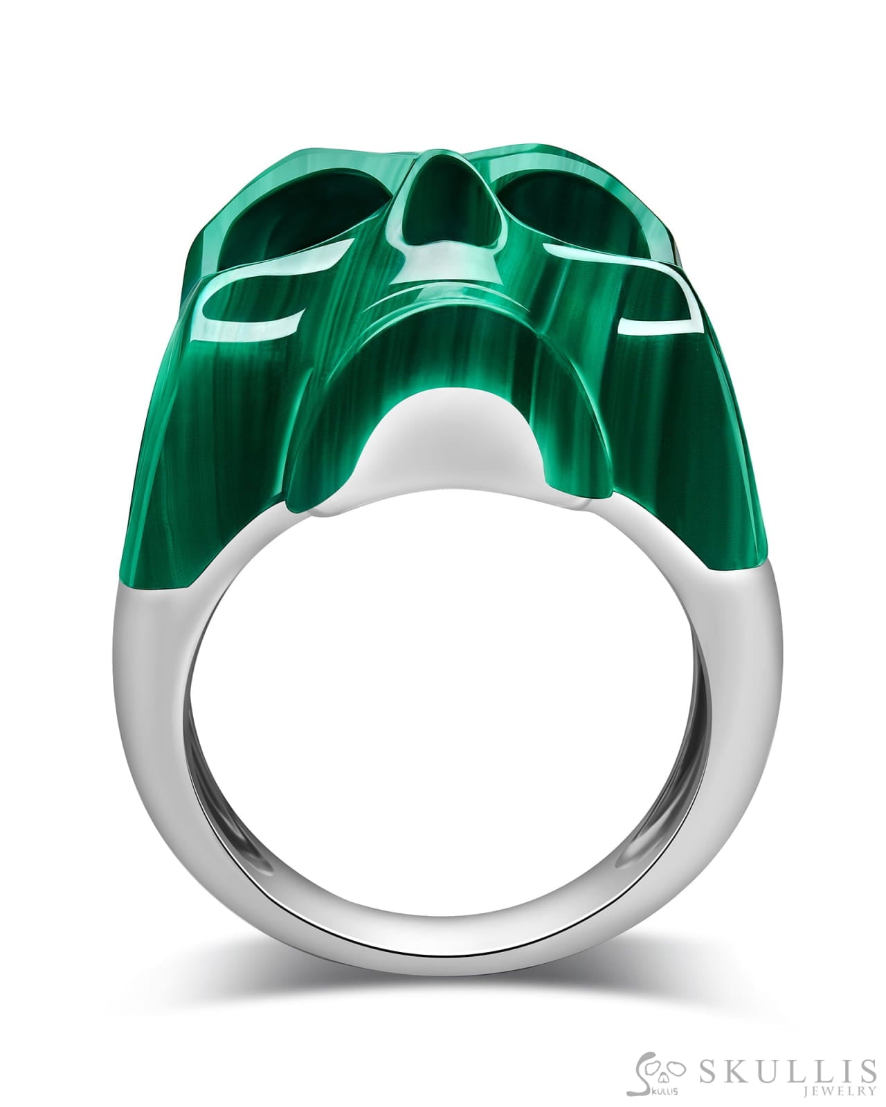 Skullis Signature Malachite Gem Skull Ring Hand Carved Sterling Silver for Women & Men Skull Rings