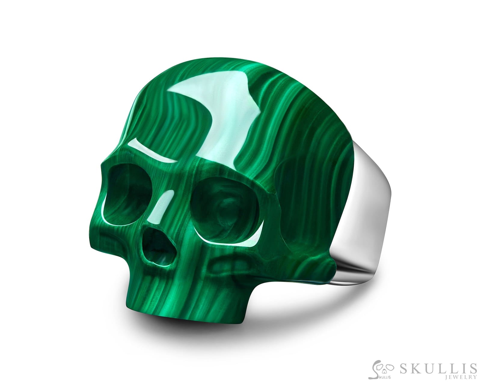 Skullis Signature Malachite Gem Skull Ring Hand Carved Sterling Silver For Women & Men. Rings