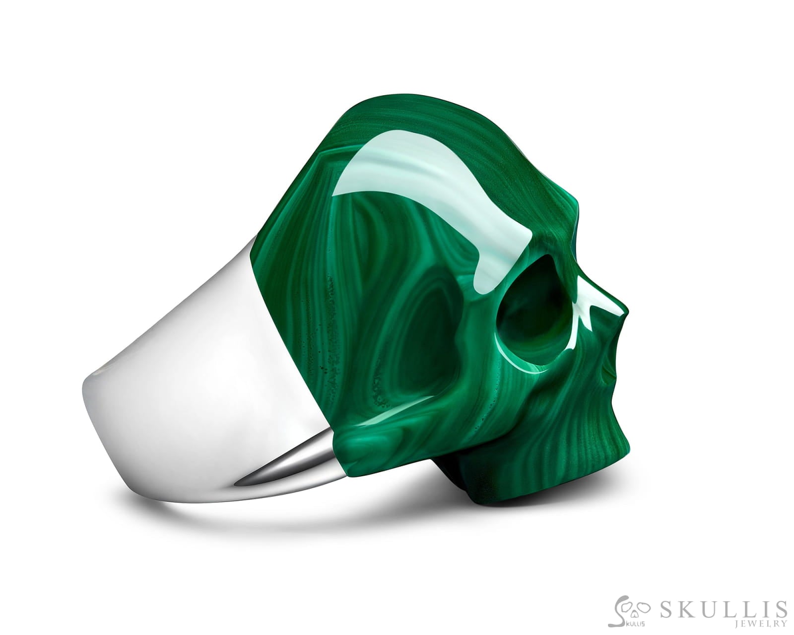 Skullis Signature Malachite Gem Skull Ring Hand Carved Sterling Silver For Women & Men. Rings