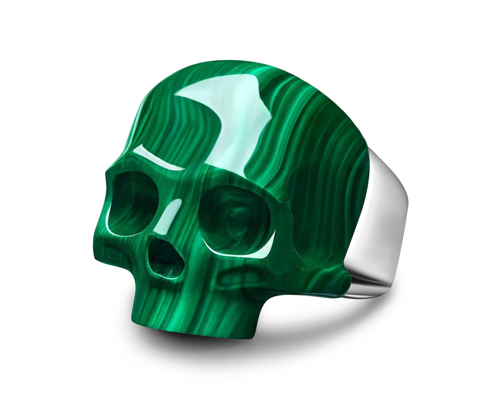 Skullis Signature Malachite Gem Skull Ring Hand Carved Sterling Silver For Women & Men. Rings