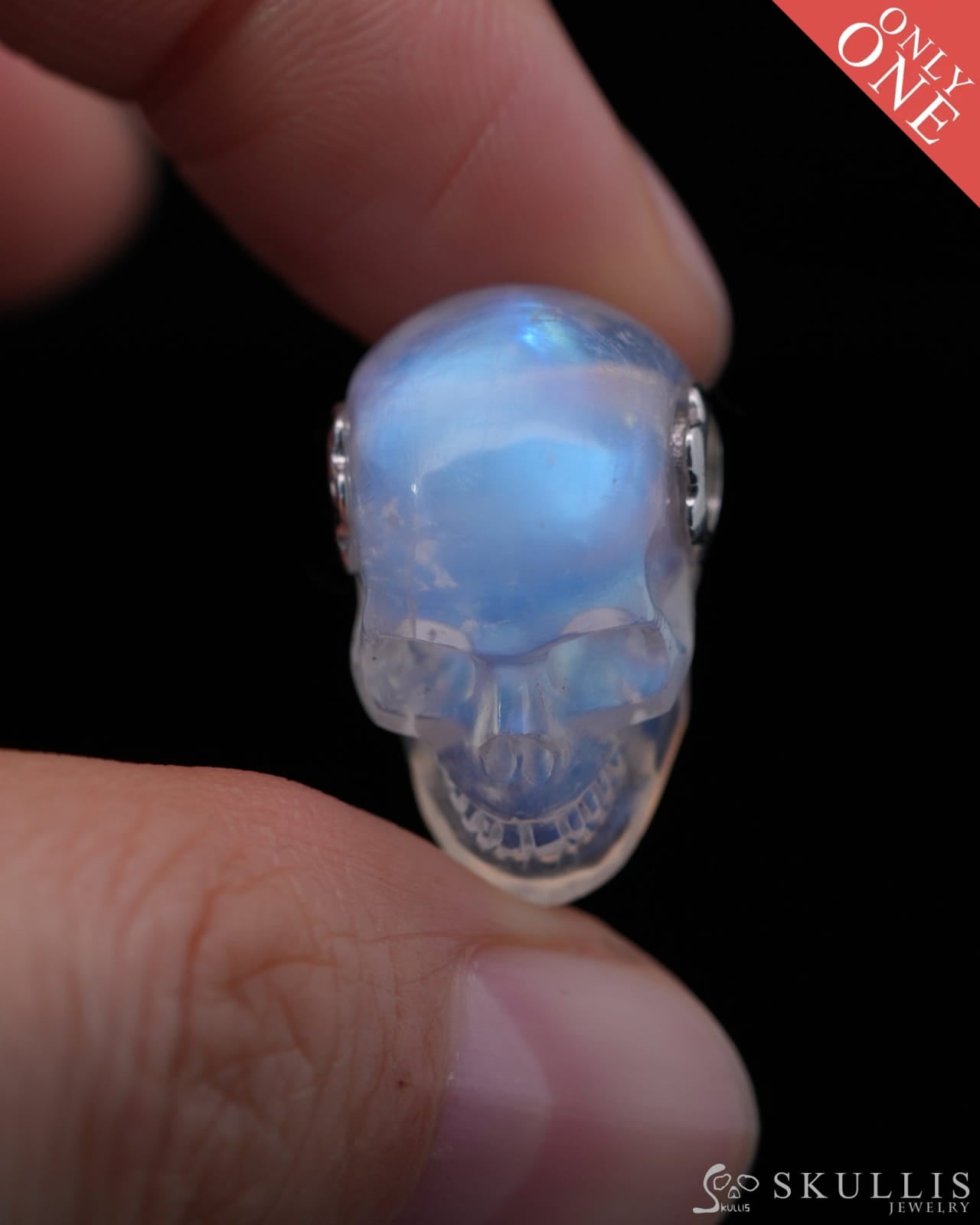Skullis Signature Moonstone Gem Skull Pendant or Necklace Hand Carved Sterling Silver 925 Chain for Women & Men
