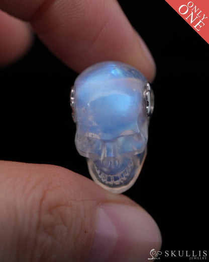 Skullis Signature Moonstone Gem Skull Pendant or Necklace Hand Carved Sterling Silver 925 Chain for Women & Men