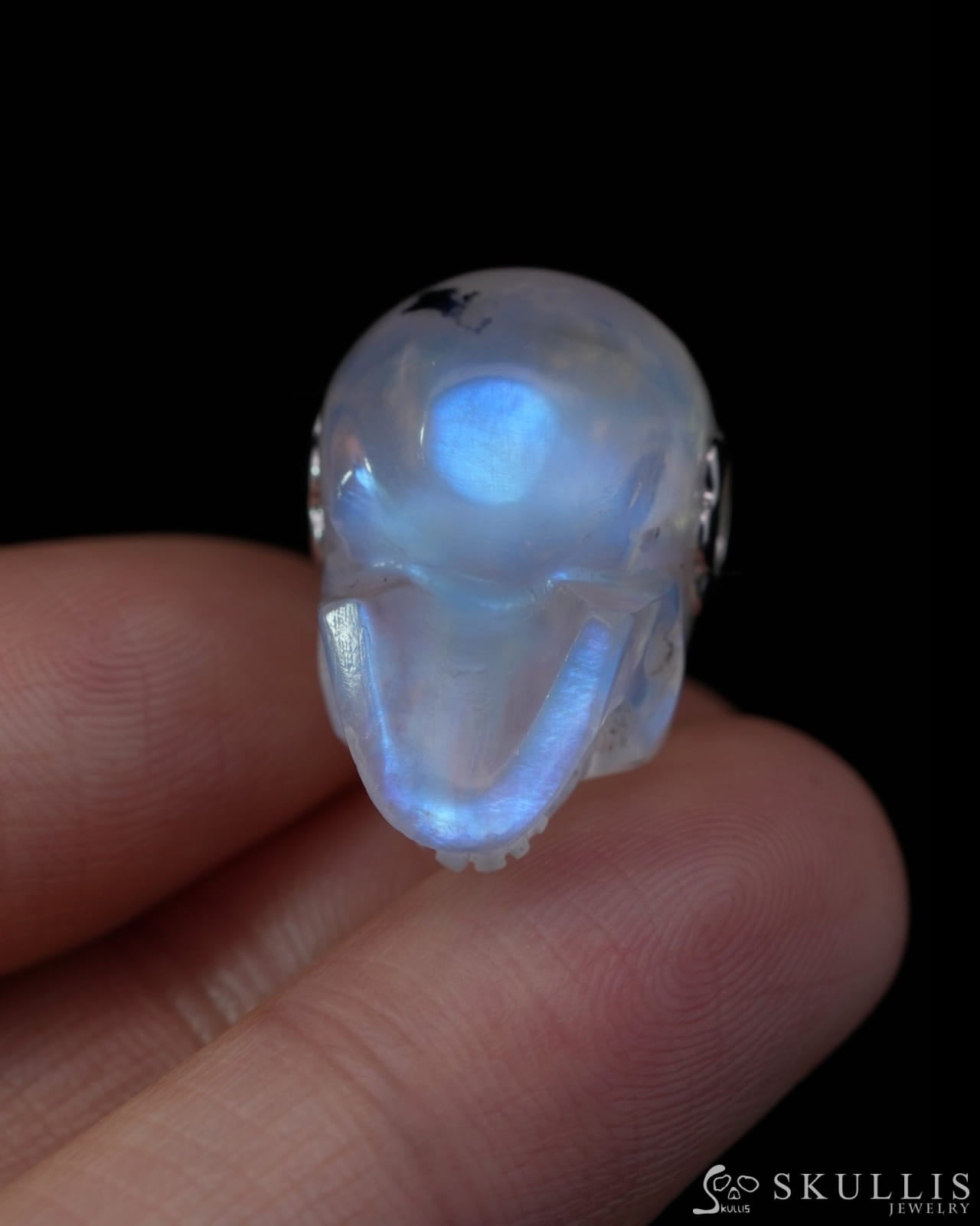 Skullis Signature Moonstone Gem Skull Pendant or Necklace Hand Carved Sterling Silver 925 Chain for Women & Men