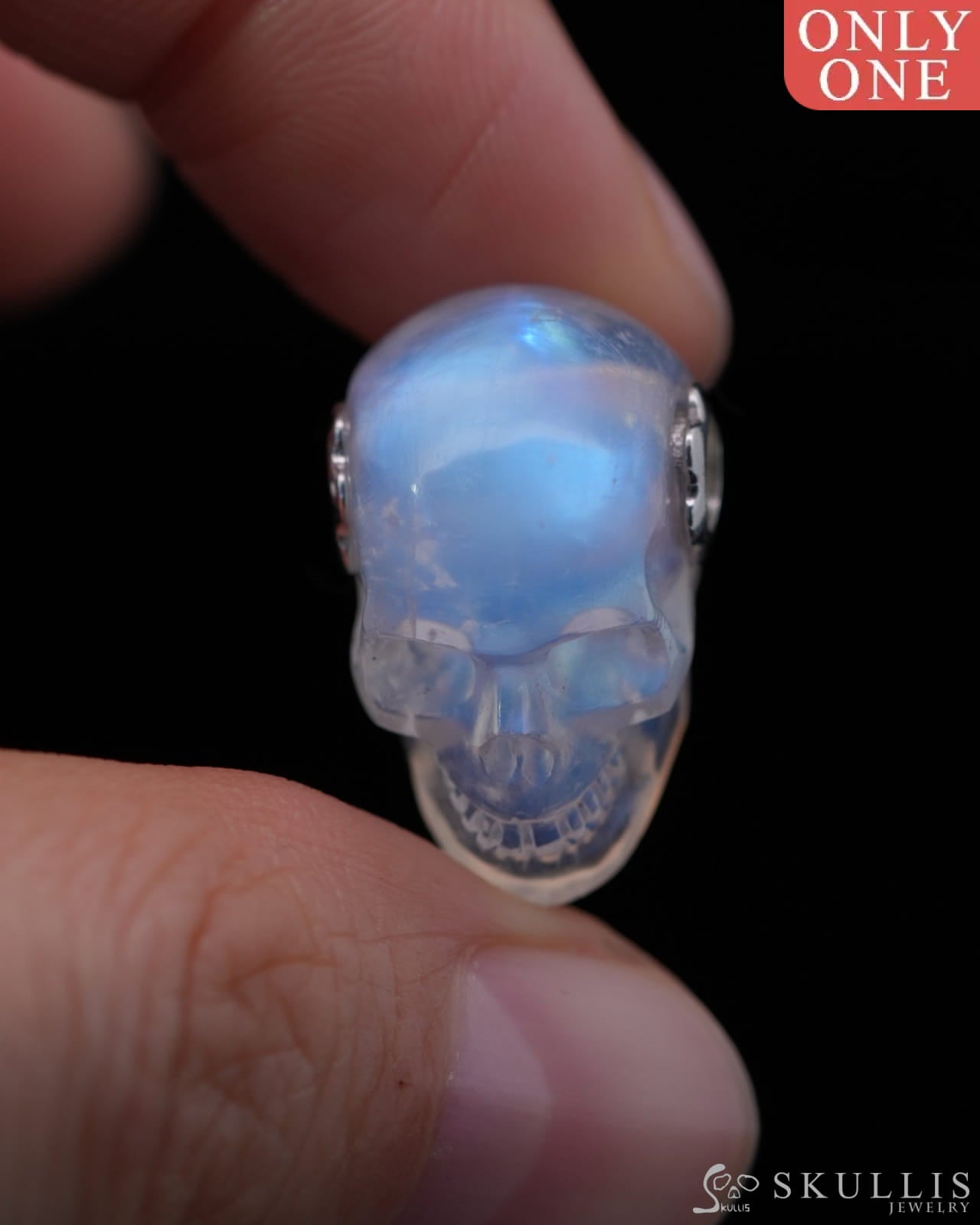 Skullis Signature Moonstone Gem Skull Pendant or Necklace Hand Carved Sterling Silver 925 Chain for Women & Men