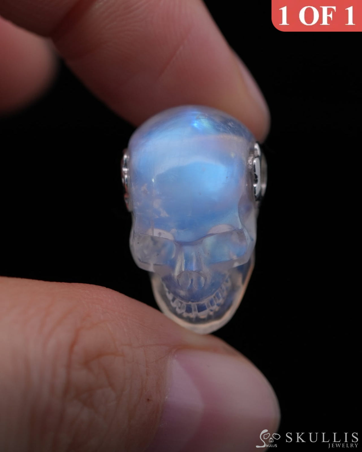 Skullis Signature Moonstone Gem Skull Pendant or Necklace Hand Carved Sterling Silver 925 Chain for Women & Men