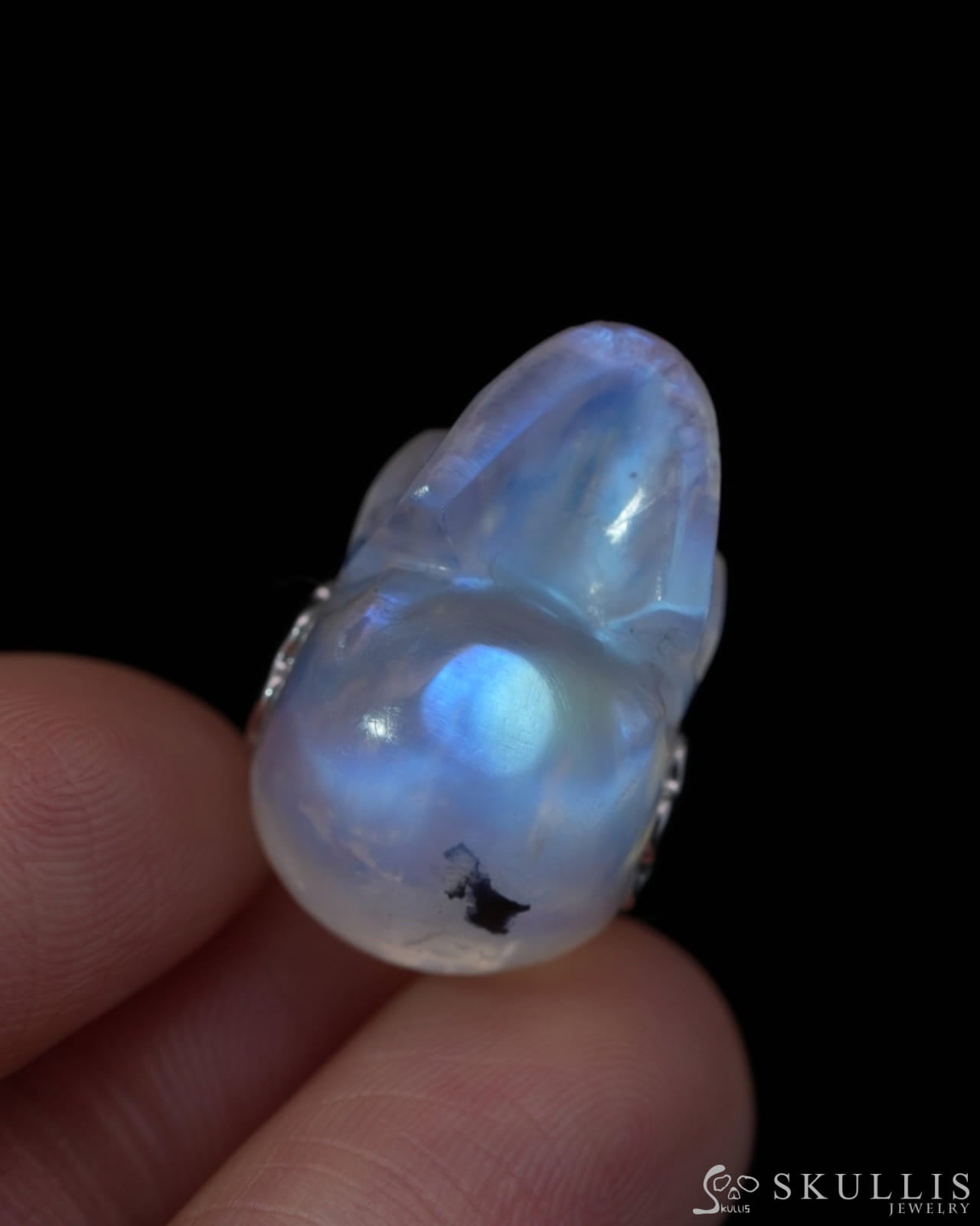 Skullis Signature Moonstone Gem Skull Pendant or Necklace Hand Carved Sterling Silver 925 Chain for Women & Men