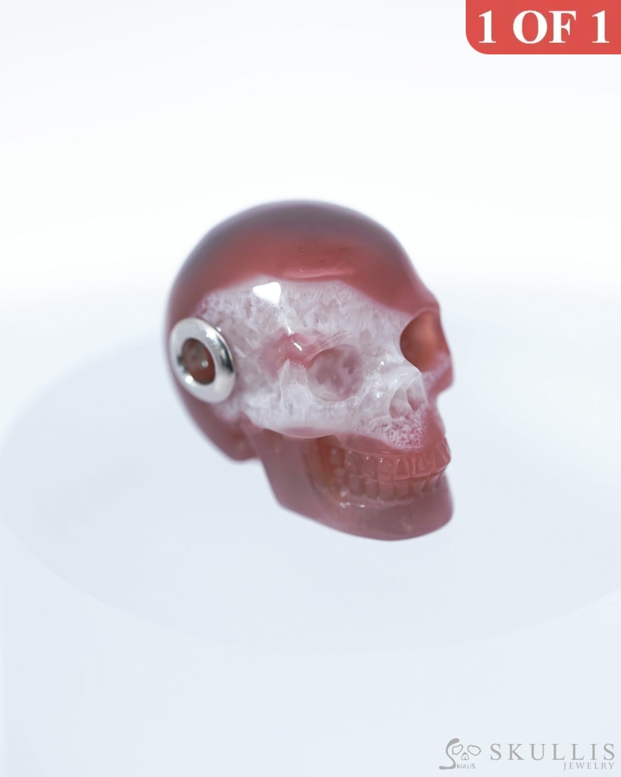 Gem Skull Pendant Necklace Of Mozambique Agate Crystal Carved Skull With Detachable Silver