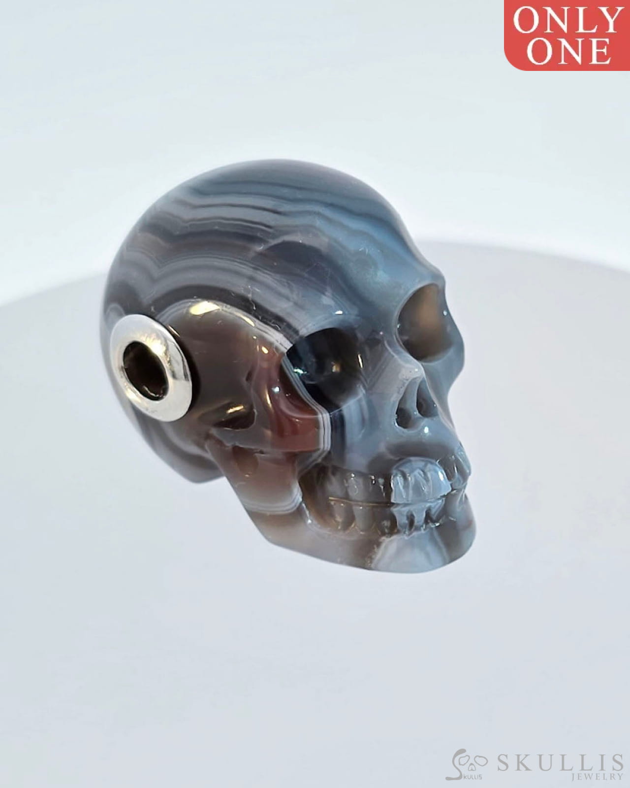 Skullis Signature Mozambique Agate Gem Skull Pendant Or Necklace Hand Carved Sterling Silver.925