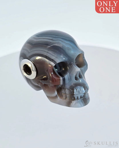 Skullis Signature Mozambique Agate Gem Skull Pendant Or Necklace Hand Carved Sterling Silver.925