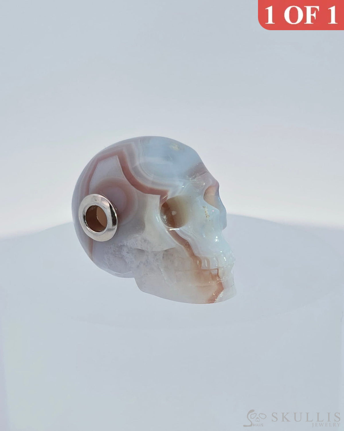 Skullis Signature Mozambique Agate Gem Skull Pendant Or Necklace Hand Carved Sterling Silver.925