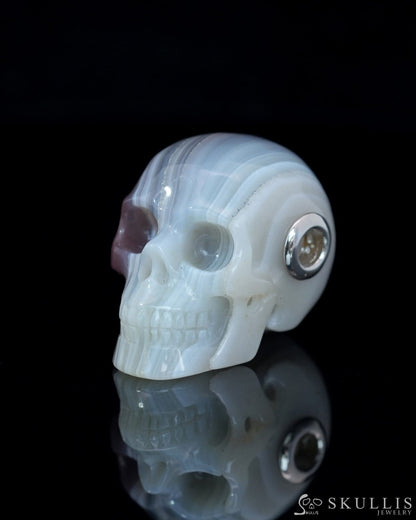 Skullis Signature Mozambique Agate Gem Skull Pendant or Necklace Hand Carved Sterling Silver 925 Chain for Women & Men