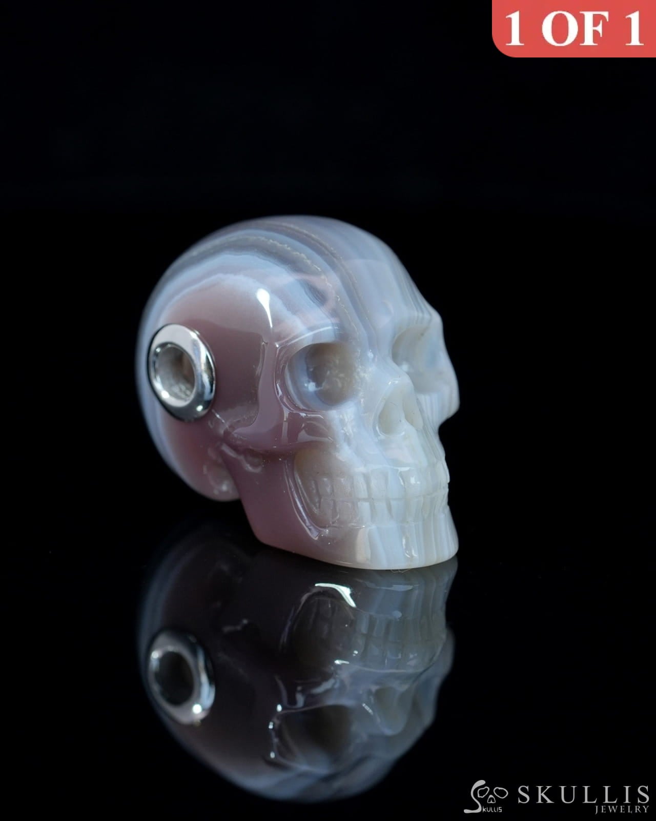 Skullis Signature Mozambique Agate Gem Skull Pendant or Necklace Hand Carved Sterling Silver 925 Chain for Women & Men