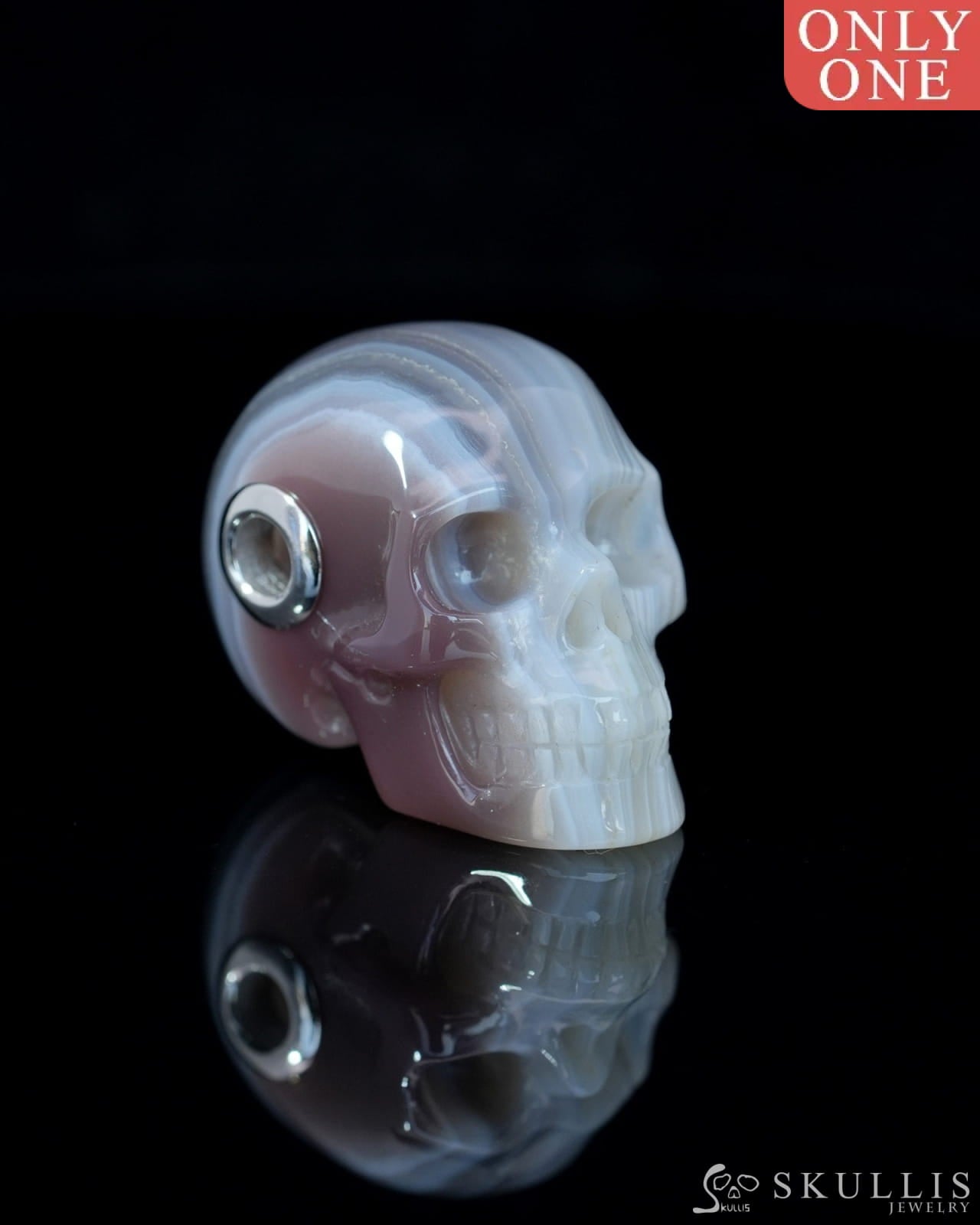 Skullis Signature Mozambique Agate Gem Skull Pendant or Necklace Hand Carved Sterling Silver 925 Chain for Women & Men