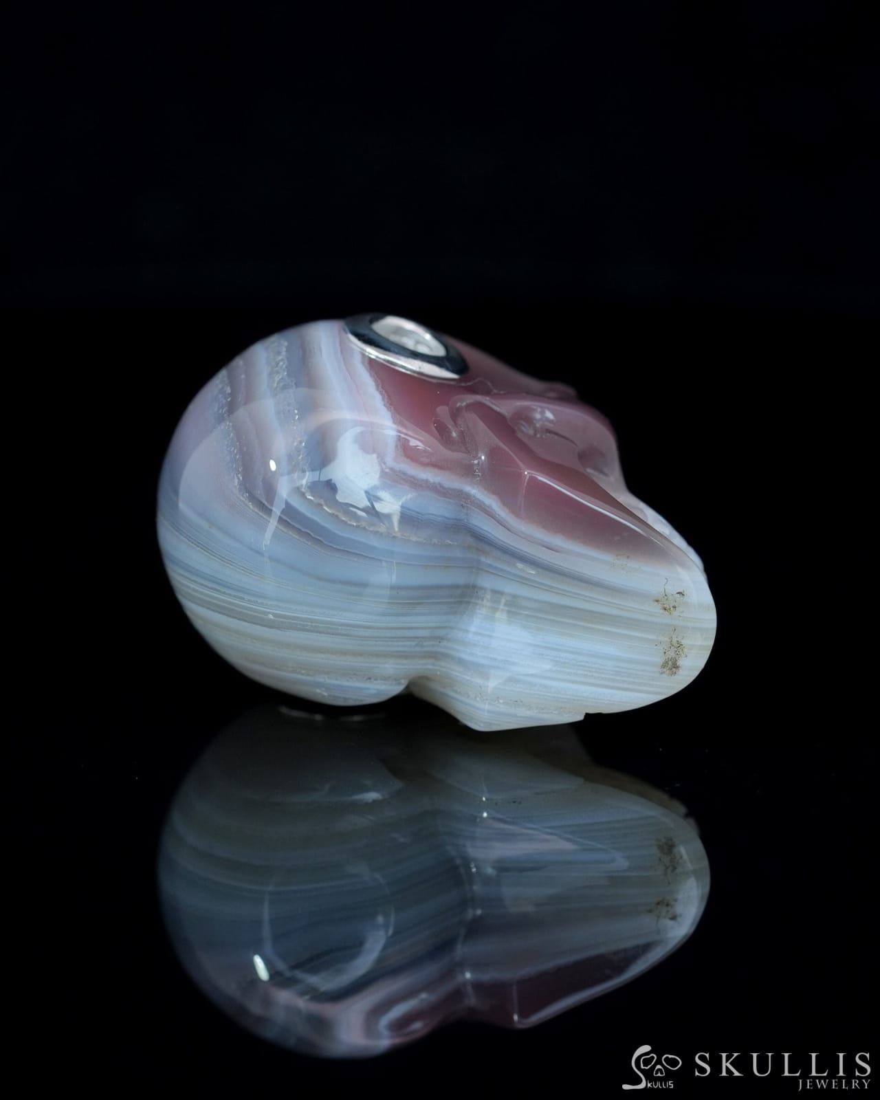 Skullis Signature Mozambique Agate Gem Skull Pendant or Necklace Hand Carved Sterling Silver 925 Chain for Women & Men