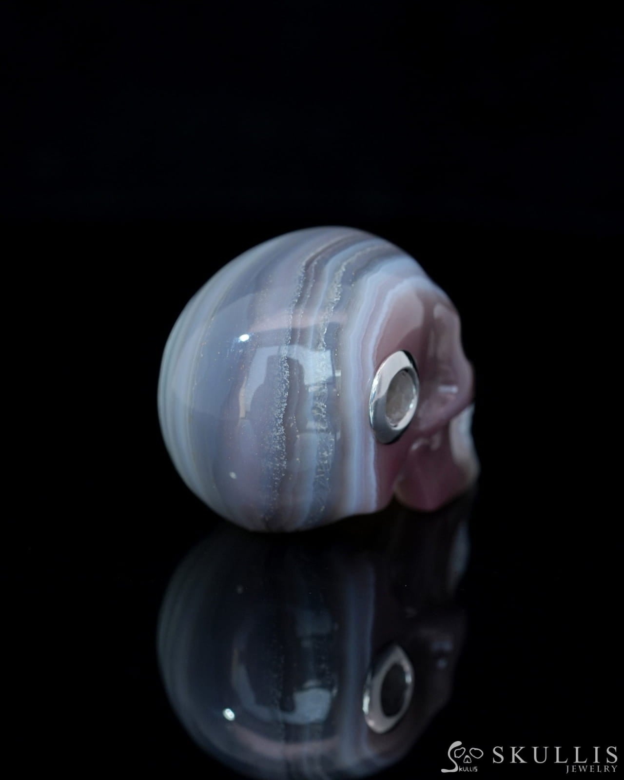 Skullis Signature Mozambique Agate Gem Skull Pendant or Necklace Hand Carved Sterling Silver 925 Chain for Women & Men