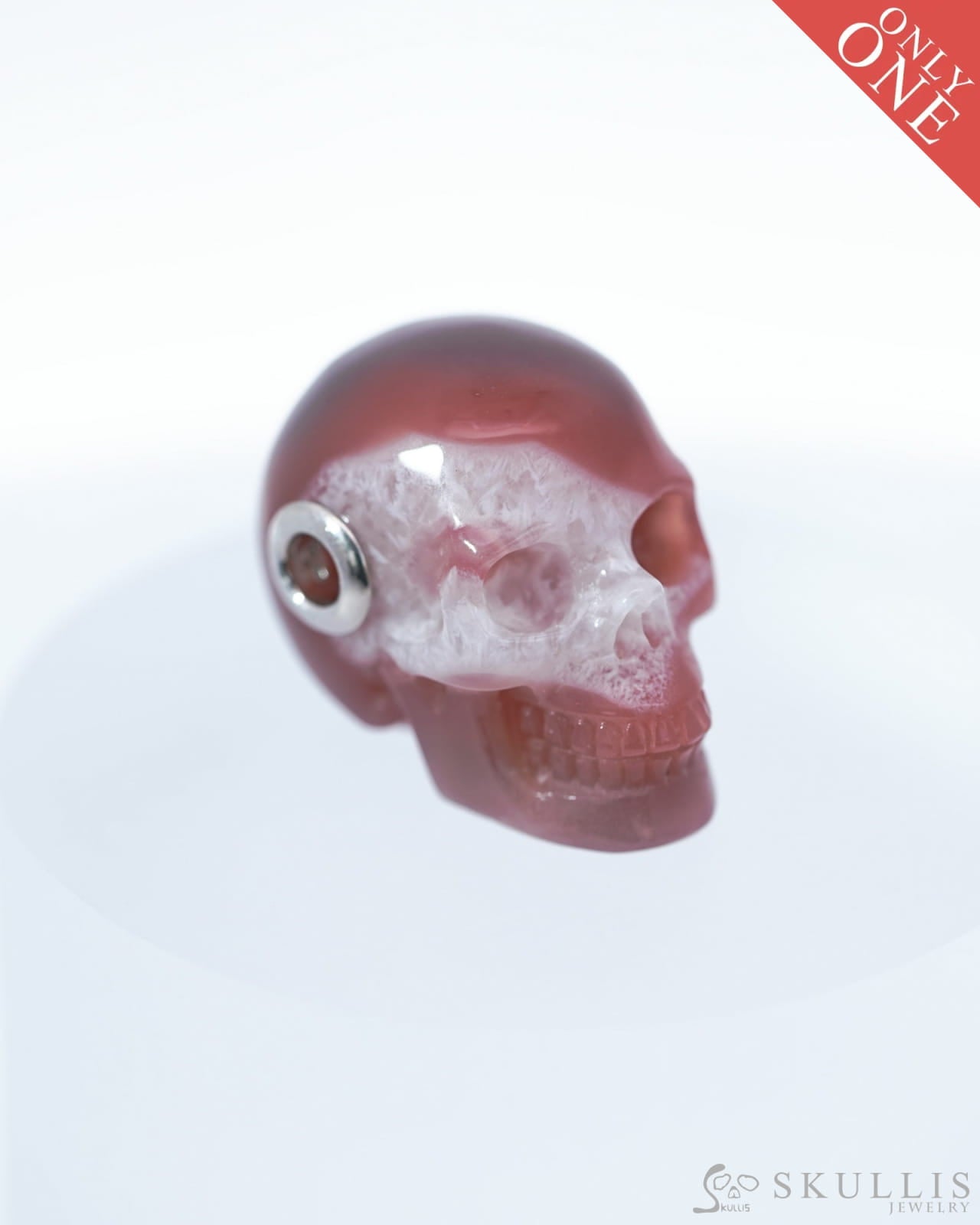 Gem Skull Pendant Necklace Of Mozambique Agate Crystal Carved Skull With Detachable Silver