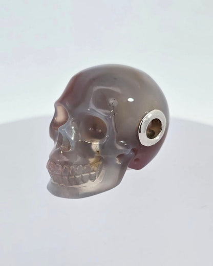 Skullis Signature Mozambique Agate Gem Skull Pendant Or Necklace Hand Carved Sterling Silver.925