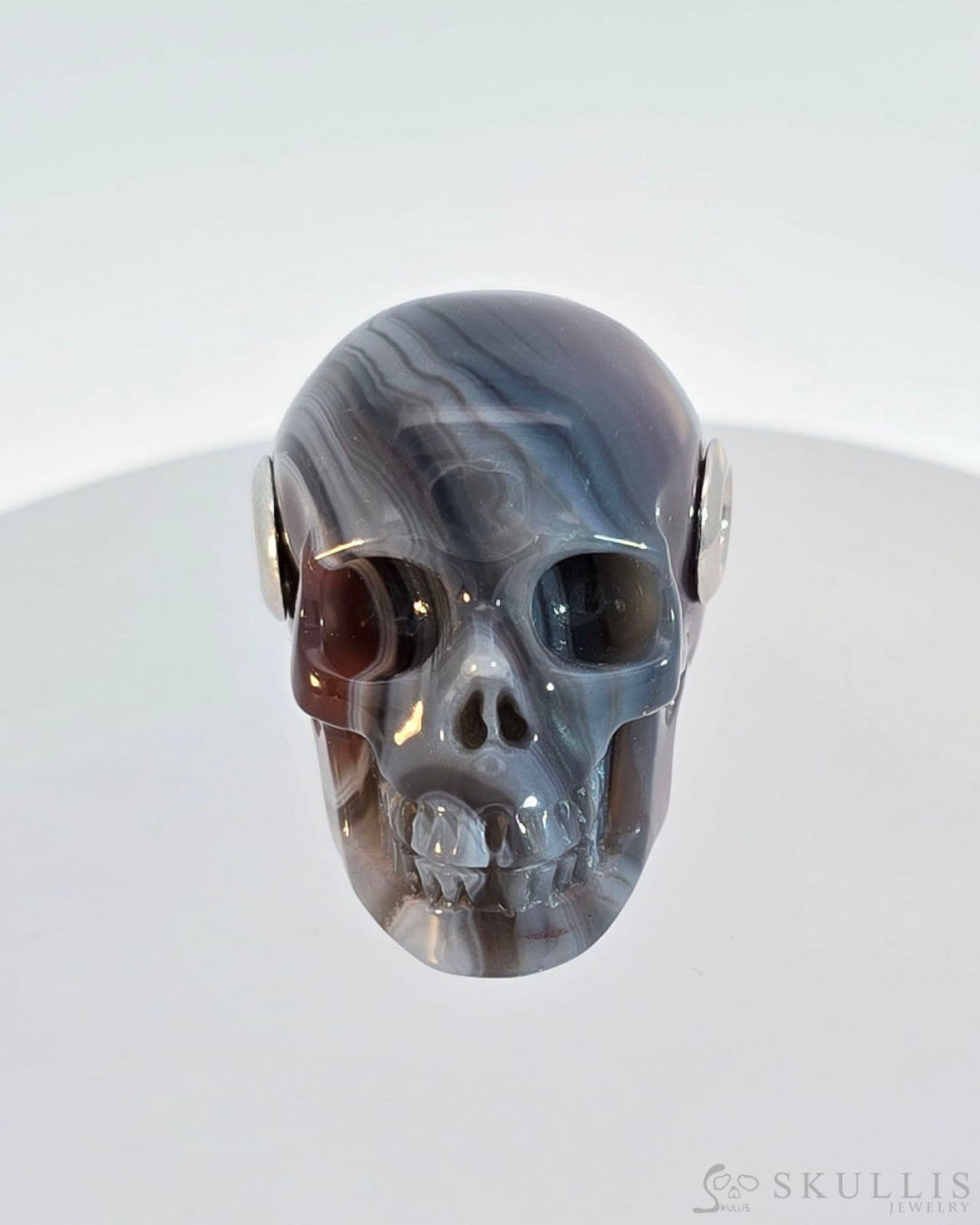 Skullis Signature Mozambique Agate Gem Skull Pendant Or Necklace Hand Carved Sterling Silver.925