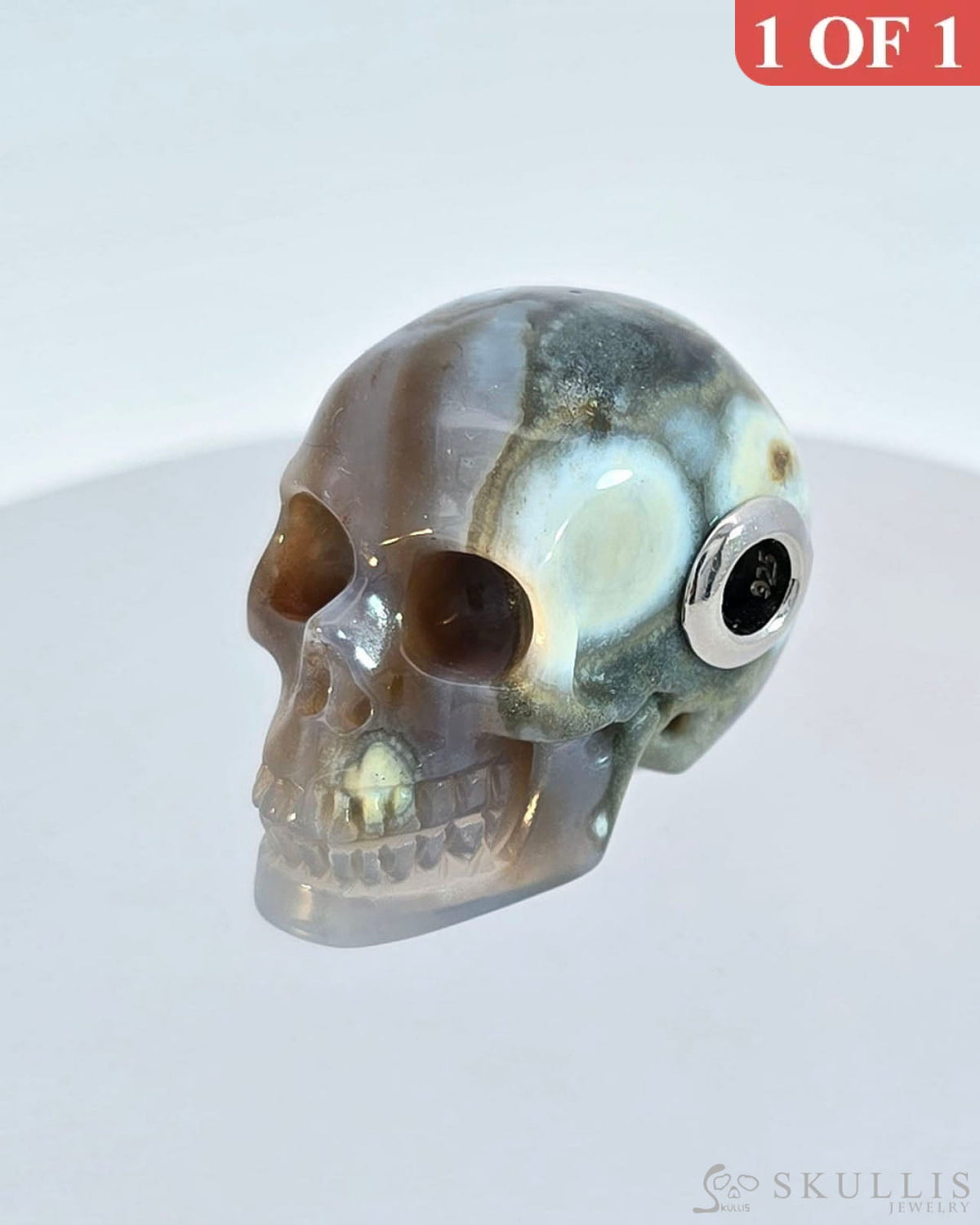 Skullis Signature Ocean Jasper Gem Skull Pendant Or Necklace Hand Carved Sterling Silver.925 Chain
