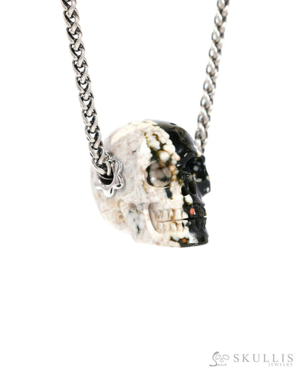Skullis Signature Ocean Jasper Gem Skull Pendant or Necklace Hand Carved Sterling Silver 925 Chain for Women & Men