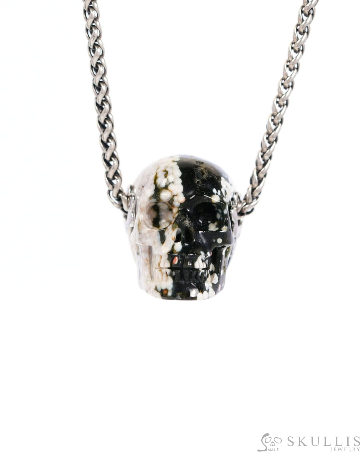 Skullis Signature Ocean Jasper Gem Skull Pendant or Necklace Hand Carved Sterling Silver 925 Chain for Women & Men