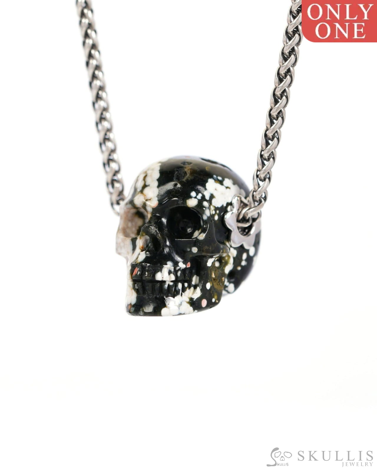 Skullis Signature Ocean Jasper Gem Skull Pendant or Necklace Hand Carved Sterling Silver 925 Chain for Women & Men
