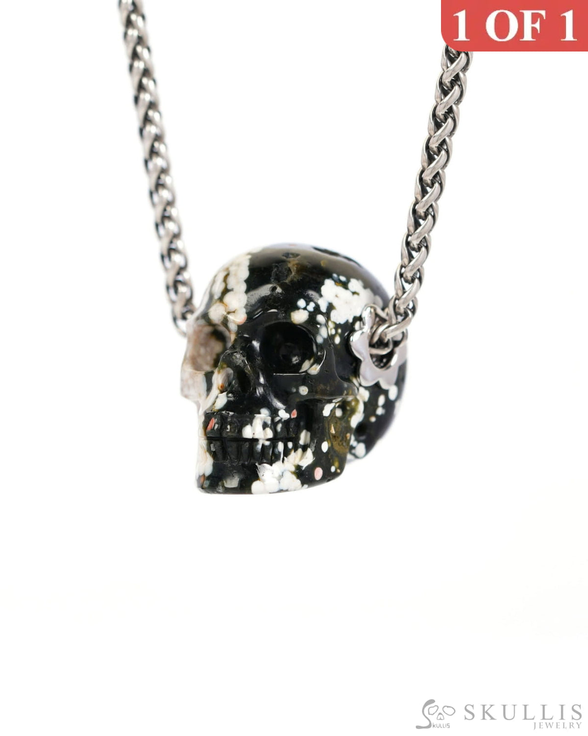 Skullis Signature Ocean Jasper Gem Skull Pendant or Necklace Hand Carved Sterling Silver 925 Chain for Women & Men