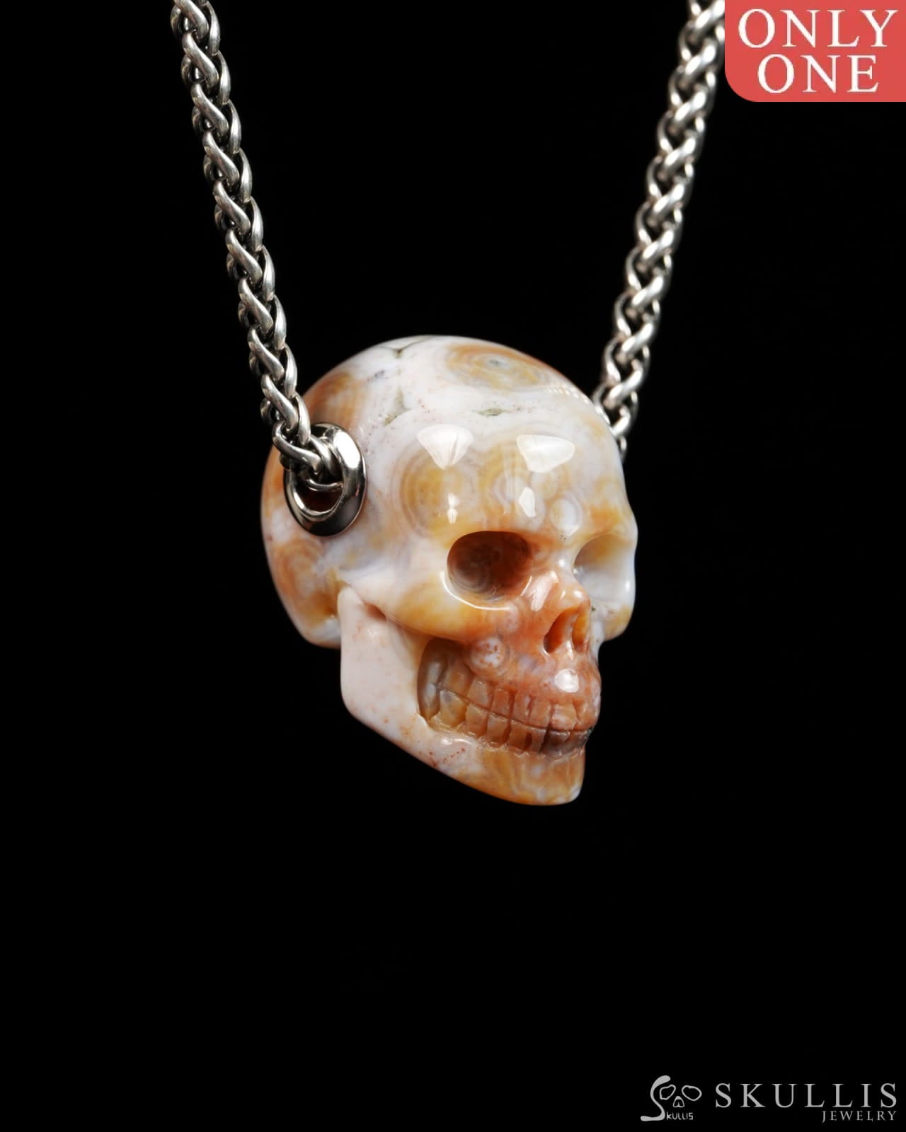 Skullis Signature Ocean Jasper Gem Skull Pendant or Necklace Hand Carved for Women & Men - 9900309 - Skull Pendants