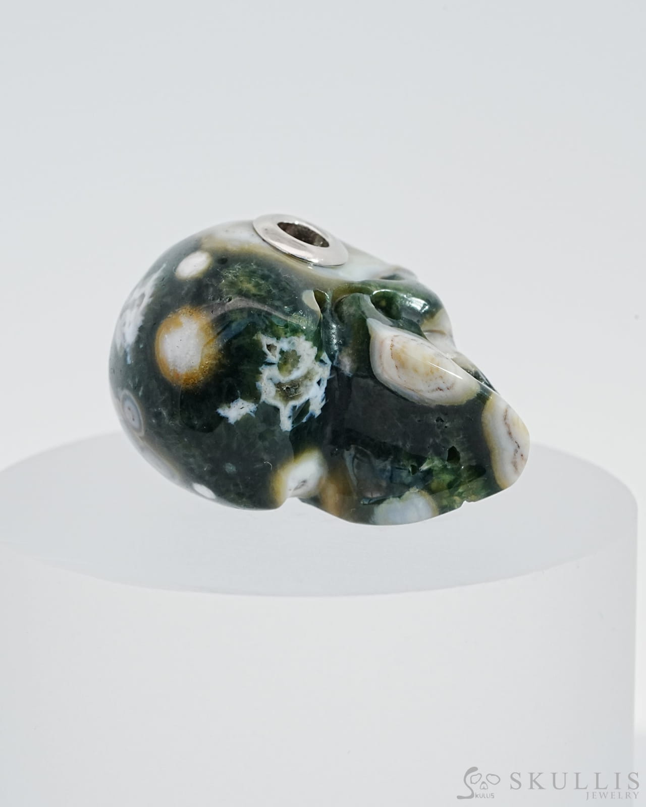 Skullis Signature Ocean Jasper Gem Skull Pendant Or Necklace Hand Carved Sterling Silver 925 Chain
