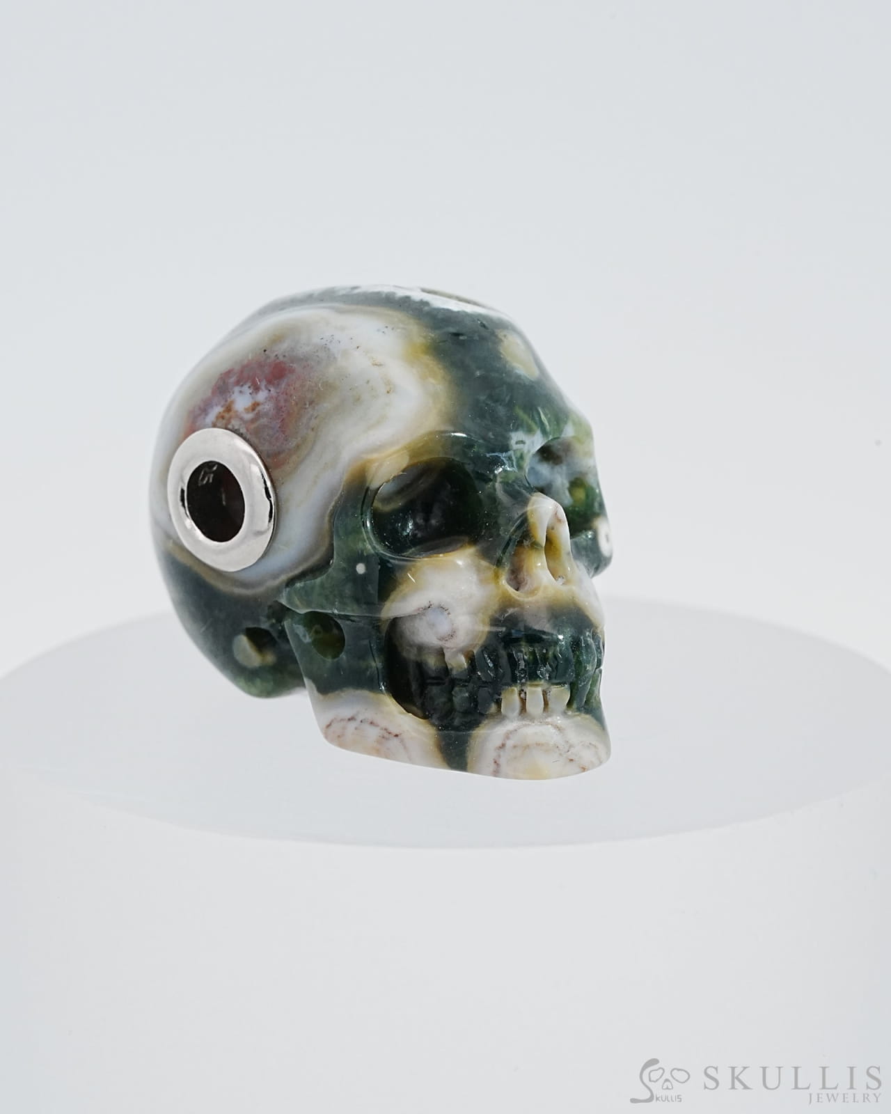 Skullis Signature Ocean Jasper Gem Skull Pendant Or Necklace Hand Carved Sterling Silver 925 Chain