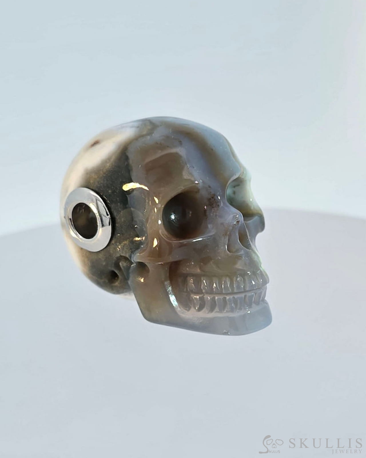 Skullis Signature Ocean Jasper Gem Skull Pendant Or Necklace Hand Carved Sterling Silver.925 Chain