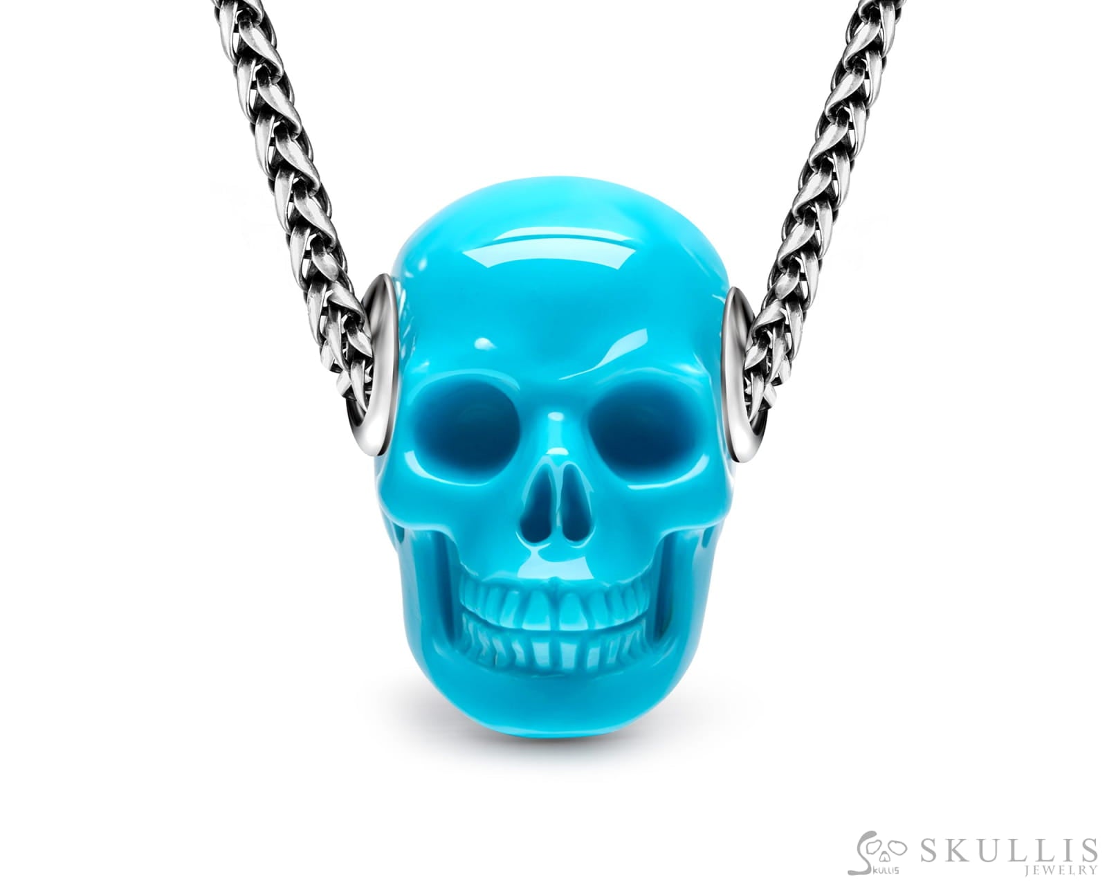 Skullis Signature Peruvian Turquoise Gem Skull Pendant or Necklace Hand Carved Sterling Silver 925 Chain for Women &