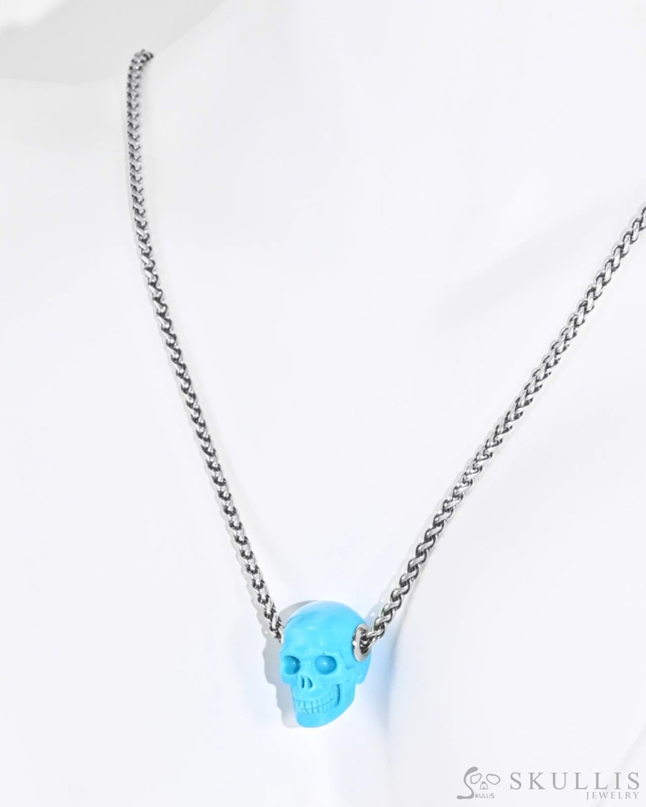 Skullis Signature Turquoise Gem Skull Pendant or Necklace Hand Carved Sterling Silver 925 Chain for Women & Men Skull