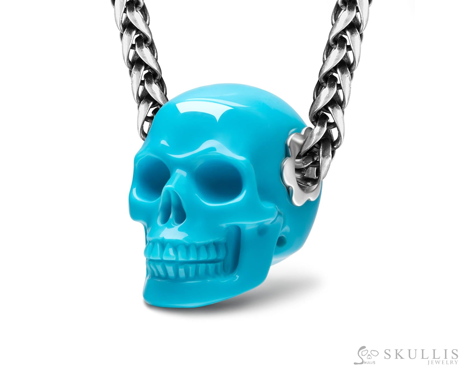 Skullis Signature Peruvian Turquoise Gem Skull Pendant or Necklace Hand Carved Sterling Silver 925 Chain for Women &
