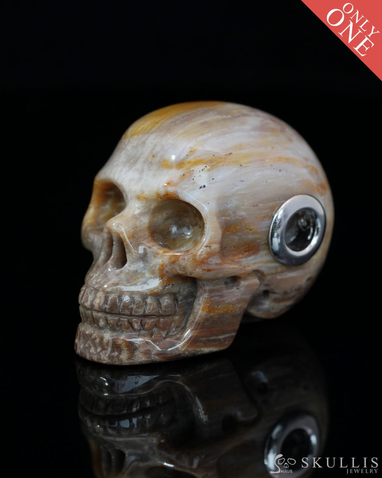 Skullis Signature Petrified Wood Gem Skull Pendant or Necklace Hand Carved Sterling Silver 925 Chain for Women & Men