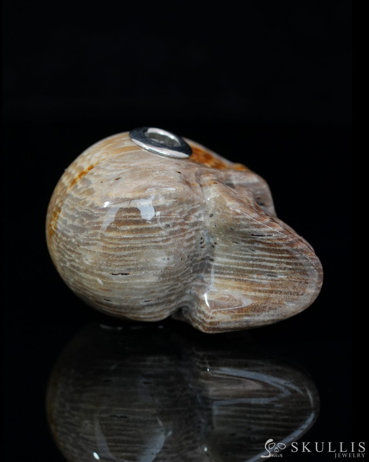 Skullis Signature Petrified Wood Gem Skull Pendant or Necklace Hand Carved Sterling Silver 925 Chain for Women & Men