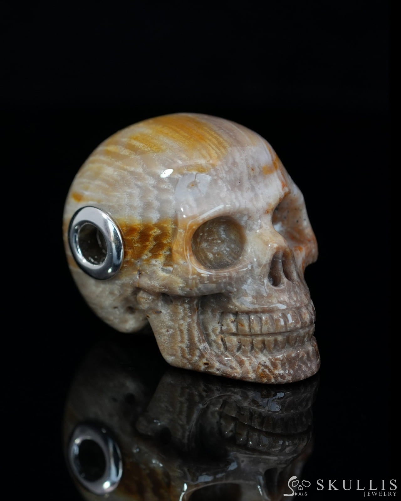 Skullis Signature Petrified Wood Gem Skull Pendant or Necklace Hand Carved Sterling Silver 925 Chain for Women & Men