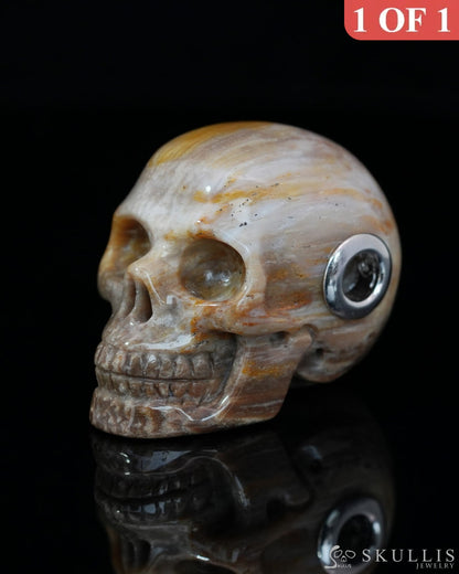 Skullis Signature Petrified Wood Gem Skull Pendant or Necklace Hand Carved Sterling Silver 925 Chain for Women & Men