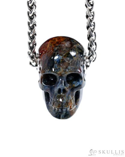 Skullis Signature Pietersite Gem Skull Pendant or Necklace Hand Carved Sterling Silver 925 Chain for Women & Men