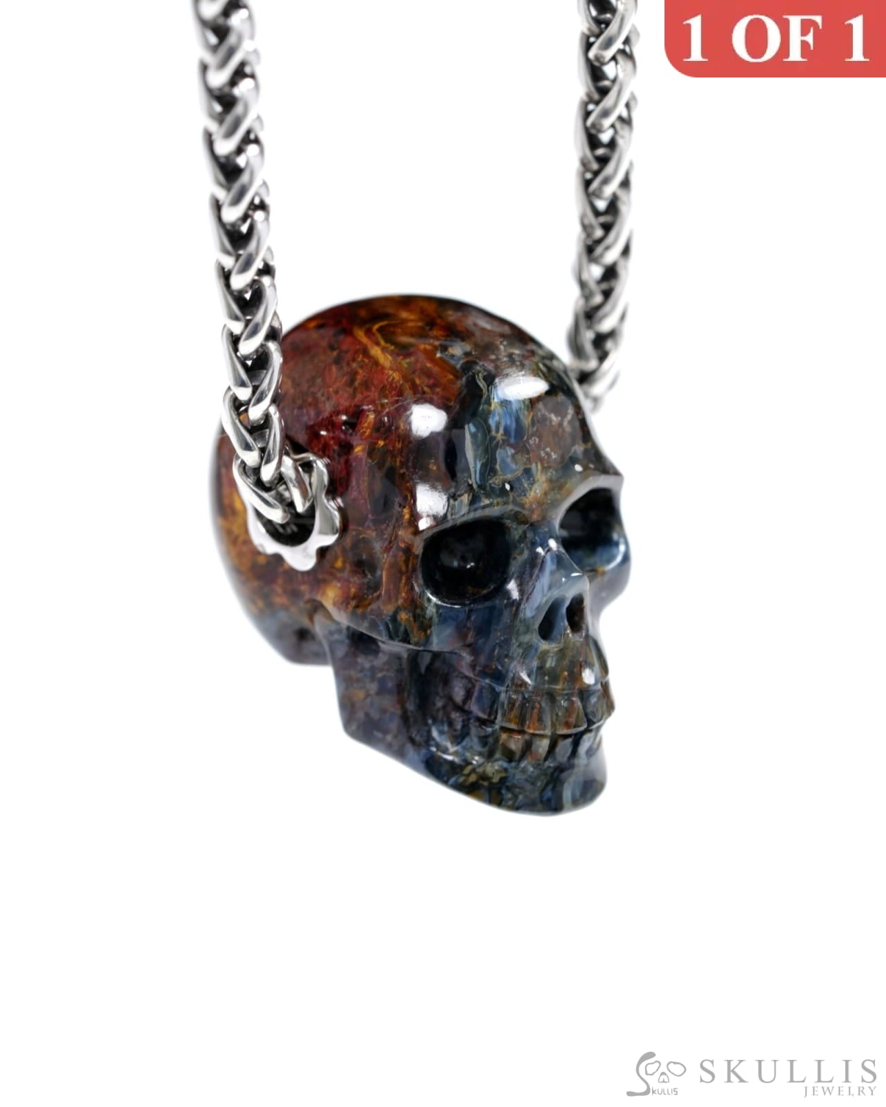 Skullis Signature Pietersite Gem Skull Pendant or Necklace Hand Carved Sterling Silver 925 Chain for Women & Men