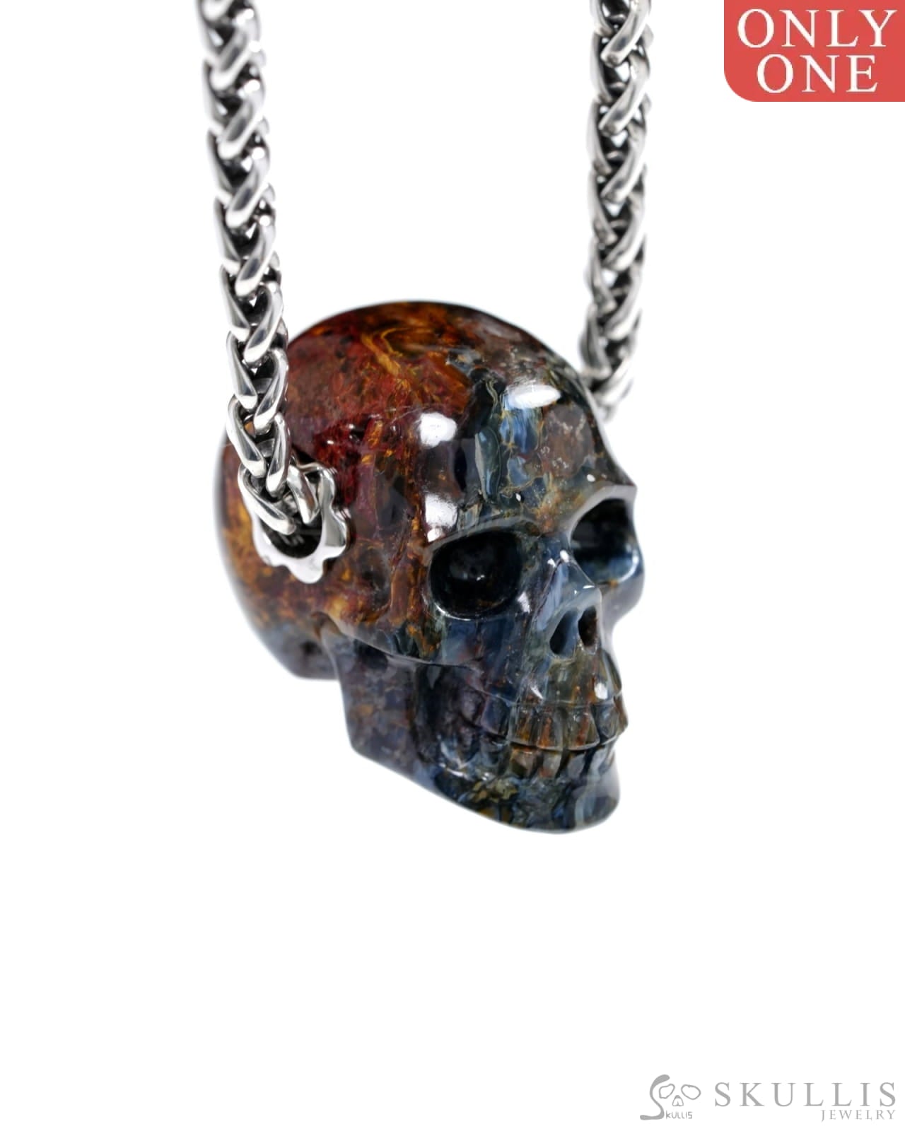 Skullis Signature Pietersite Gem Skull Pendant or Necklace Hand Carved Sterling Silver 925 Chain for Women & Men