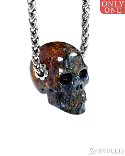 Skullis Signature Pietersite Gem Skull Pendant or Necklace Hand Carved Sterling Silver 925 Chain for Women & Men