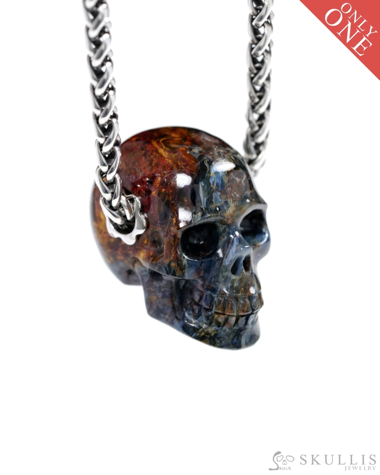 Skullis Signature Pietersite Gem Skull Pendant or Necklace Hand Carved Sterling Silver 925 Chain for Women & Men