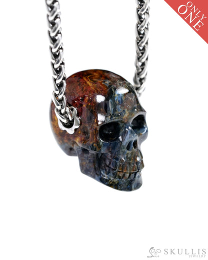 Skullis Signature Pietersite Gem Skull Pendant or Necklace Hand Carved Sterling Silver 925 Chain for Women & Men