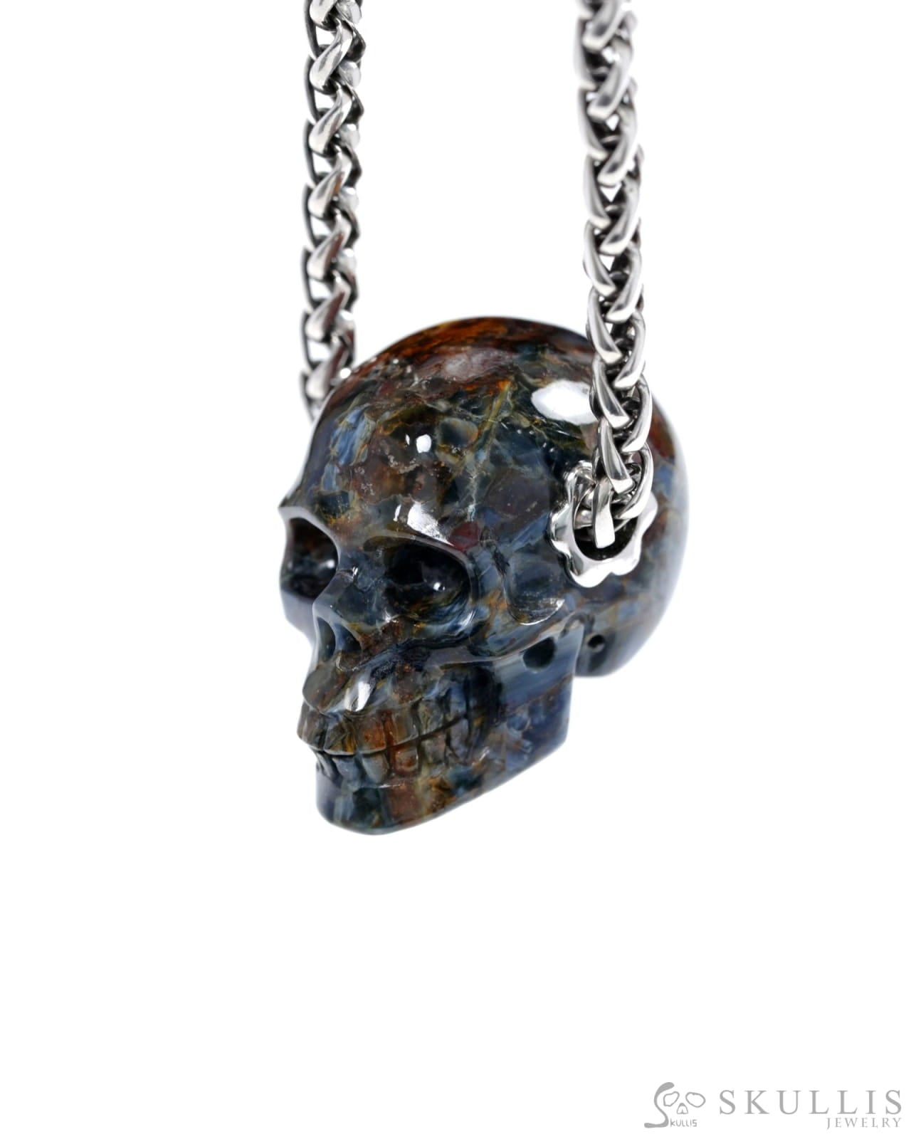Skullis Signature Pietersite Gem Skull Pendant or Necklace Hand Carved Sterling Silver 925 Chain for Women & Men