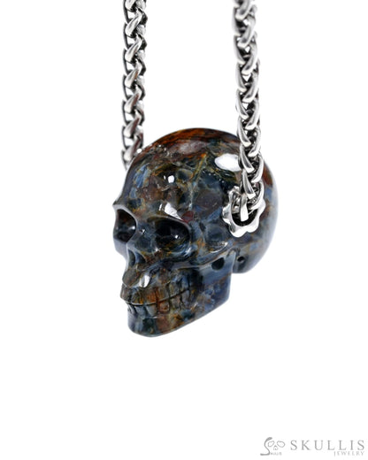 Skullis Signature Pietersite Gem Skull Pendant or Necklace Hand Carved Sterling Silver 925 Chain for Women & Men
