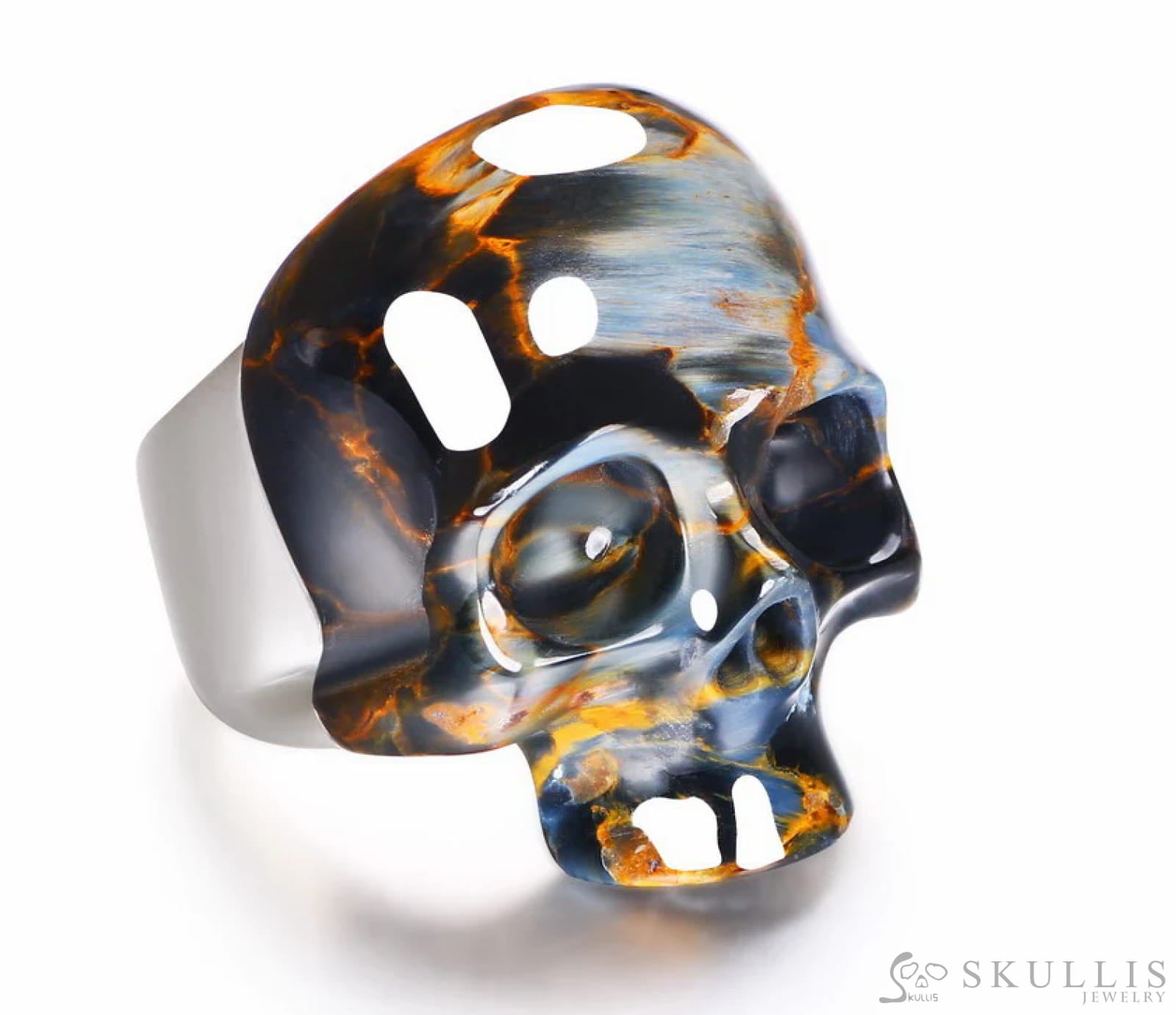 Gem Skull Ring Of Pietersite Carved Skull Witout Jaw In 925 Sterling Silver Skull Rings